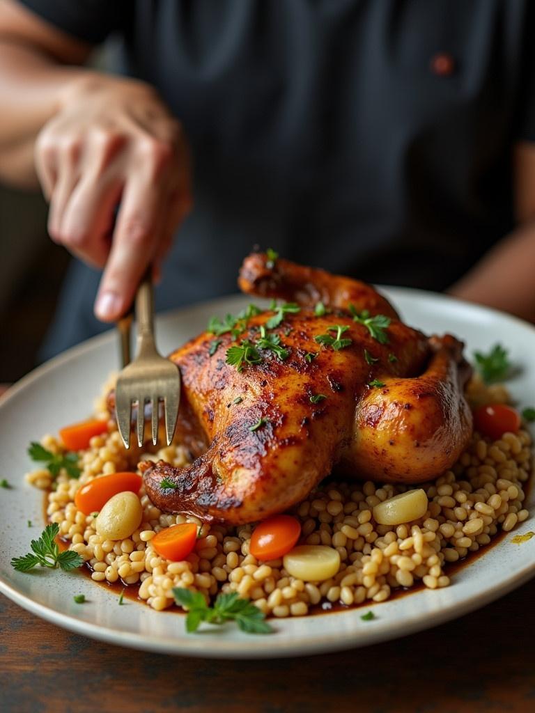 A person holding a plate of roasted chicken served on couscous. The dish is garnished with herbs and vegetables. The focus is on the act of eating.