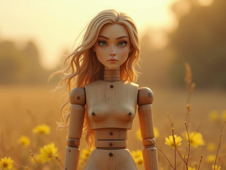 Highly detailed CGI wooden doll figure with long hair standing in a sunny field filled with flowers