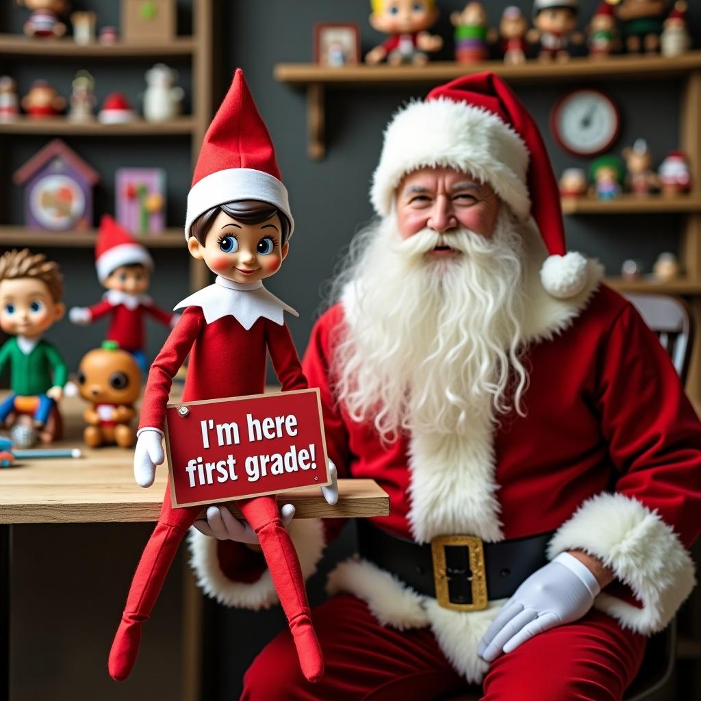 Elf on the shelf holding a sign. Sitting with Santa in toy workshop. Funko Pops being made in background.