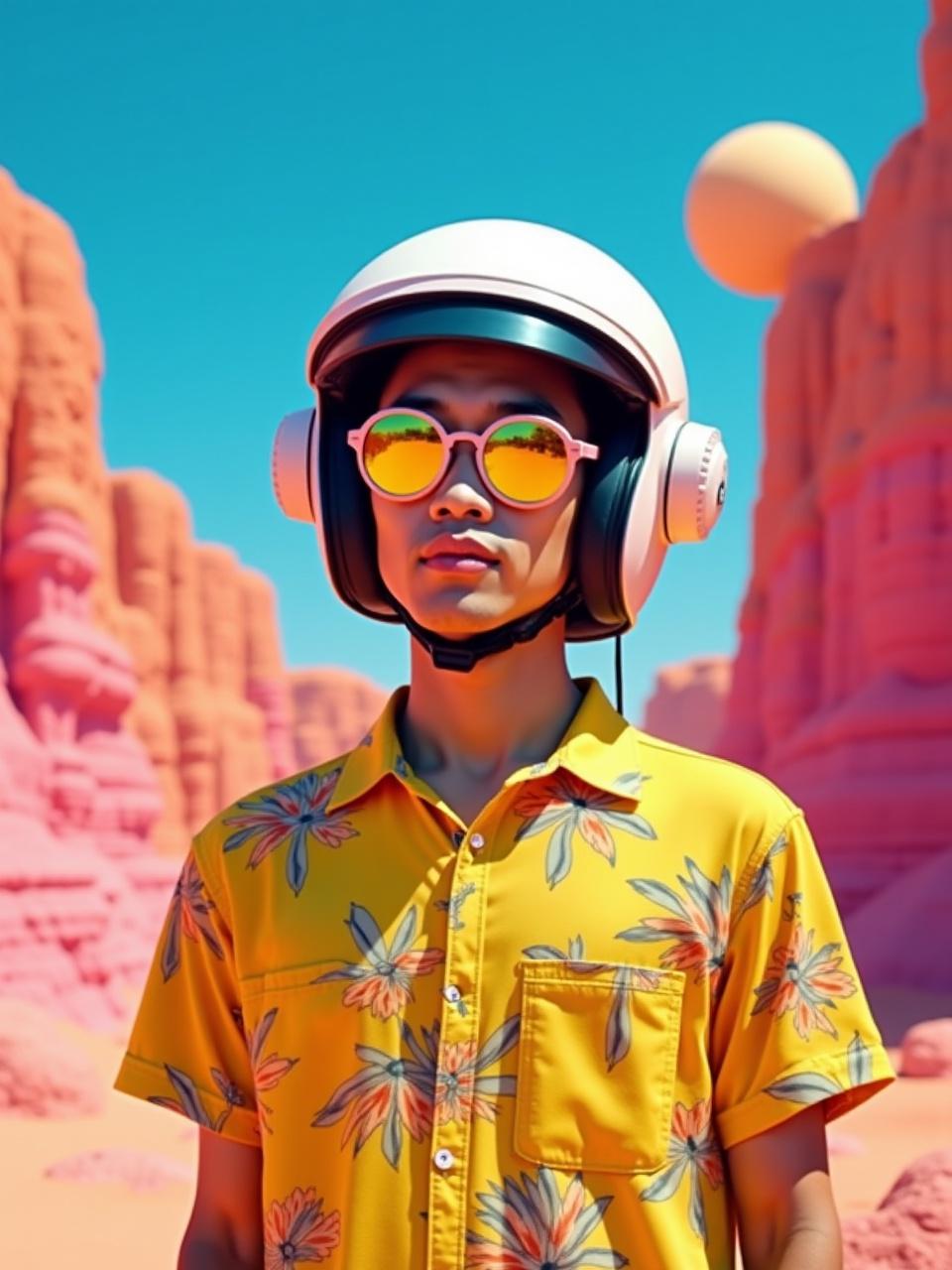 This vibrant image depicts a young person in a floral yellow shirt, wearing a white helmet with headphones and reflective sunglasses, standing in a stylized desert environment. The landscape is surreal with exaggerated pink and orange hues, along with towering rock formations that suggest an otherworldly setting. The lighting is bright and saturated, giving the scene a vivid, dreamlike quality.