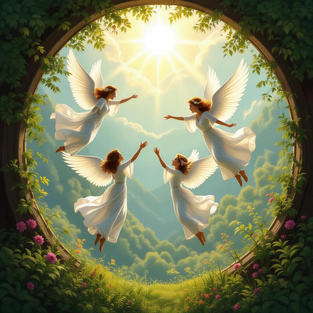 Angels flying in a heavenly setting with sunshine illuminating a vibrant landscape.
