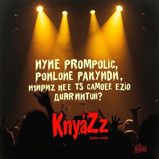 High-energy concert print inspired by KnyaZz. Dark stage with hazy atmosphere. Intense spotlight beams in warm colors. Iconic Russian lyrics in distressed font. Bottom features red KnyaZz logo. Silhouettes of guitars and microphones blend in. Raw and nostalgic punk-rock intensity.