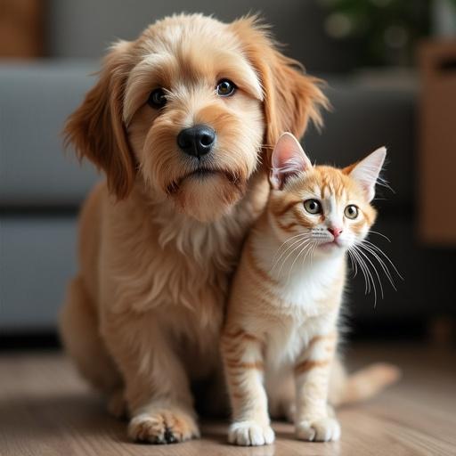 Dog mixed with cat in a cozy indoor setting. Dog has a golden coat; cat has orange and white stripes. Both are looking at the camera.