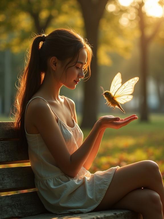 A young woman sits on a weathered wooden bench in a sunlit urban park. She holds out her hand to a glowing nature sprite with translucent wings. The scene captures her expression of wonder and joy. The park is realistically depicted with intricate details. Soft cinematic lighting enhances the atmosphere. The colors are warm and natural with the sprite's glow as a highlight.