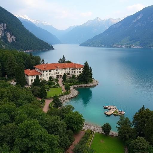 Villa del Bialbanello by Lake Como seen from a drone. Aerial view capturing lush greenery and mountain scenery surrounding the villa.