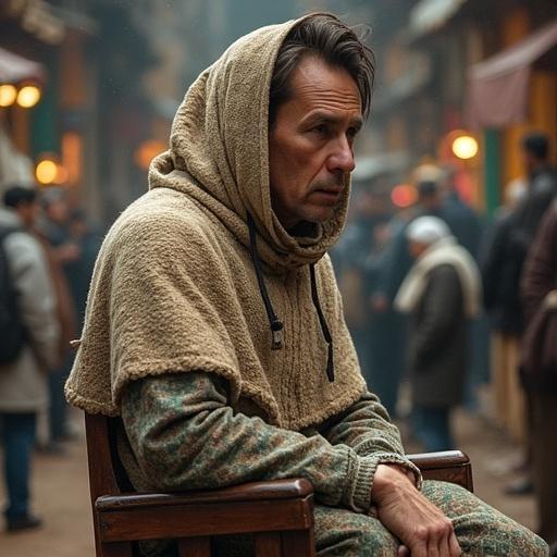 Imaginary image of a cultural market scene featuring a man in a hooded garment amidst a gathering.