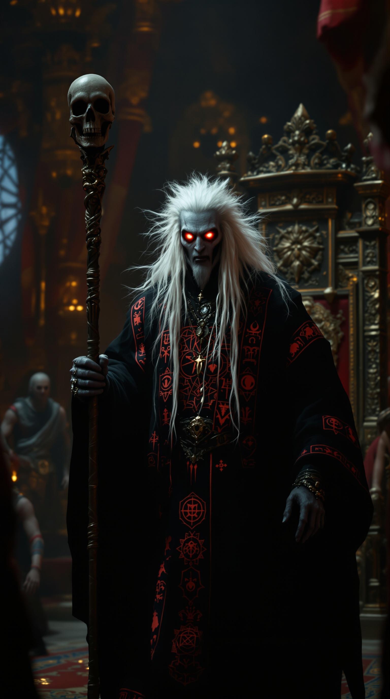 Tantrik Kaljayi, sinister figure, glowing red eyes, long wild white hair, enters grand royal court. Dressed in black robe embroidered with red mystical symbols. Holding staff with skull on top. Court dimly lit, foreboding atmosphere as King Veerendra watches with suspicion.