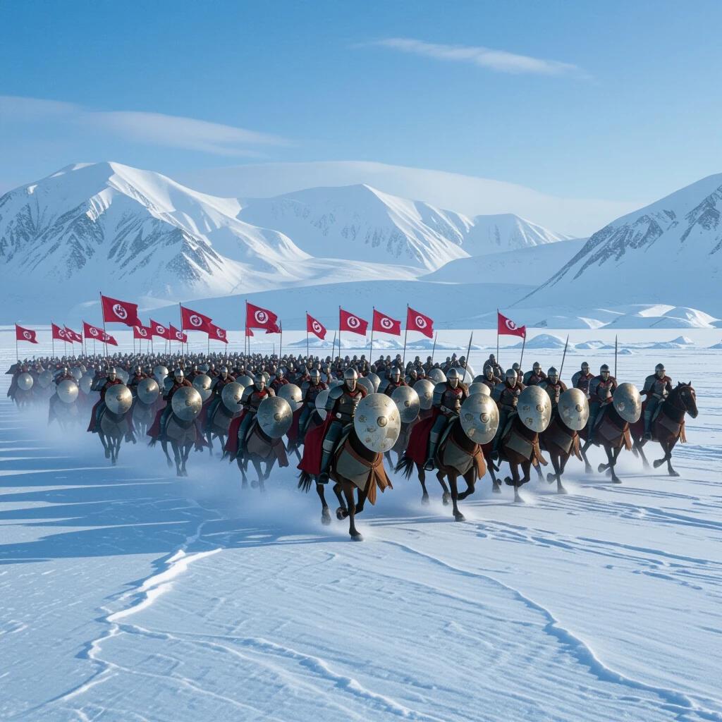 A thousand warrior army charges across a frozen sea. They wear shields and helmets while riding horses. Red flags flutter in the wind. Snow covers the ground and mountains in the background.