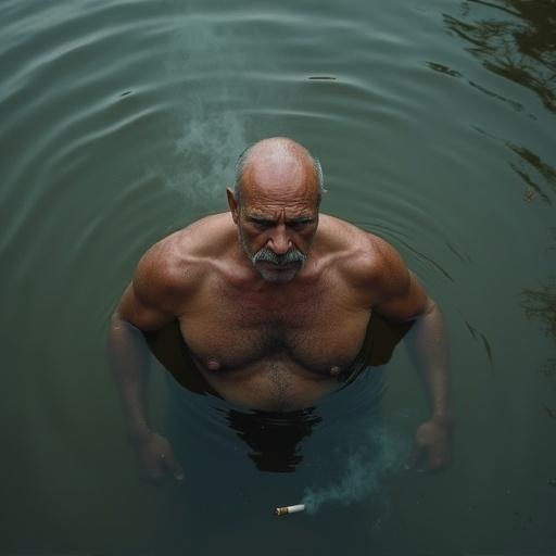 A stocky older man stands shoulder-deep in a murky pond. He is topless and holds a lit cigar. His expression is grim as he stares at the overcast sky. The brow is furrowed with tension. The water is dirty and rippled. Subtle steam rises from the cigar. Grey clouds reflect on the water's surface. The atmosphere is moody with cinematic tones. The image has a shallow depth of field and ultra detail, resembling a 35mm film look with desaturated tones.
