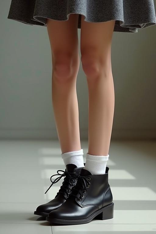 Image of legs wearing black shoes with white socks. Background is simple and neutral. Focus on footwear style at a school setting.