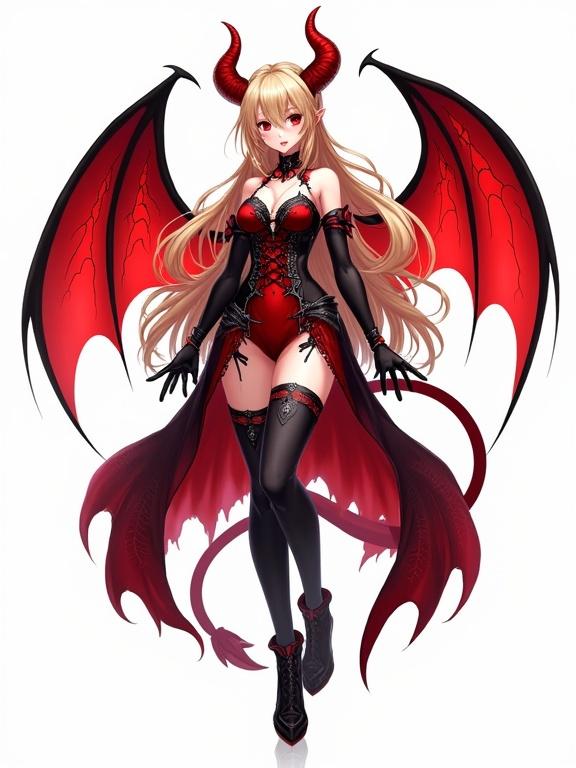 Anime-style female demon with long blonde hair and red bat wings. She wears a revealing red and black dress with intricate designs. Black gloves and thigh-high stockings complement her gothic outfit. The character has a powerful and alluring presence against a plain white background.
