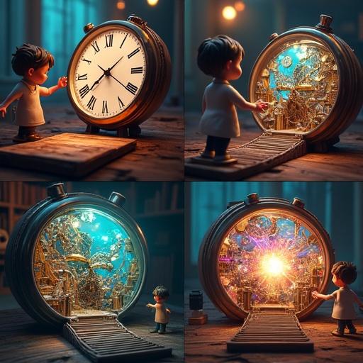 Cinematic storyboard divided into four panels. A character interacts with a giant watch on a wooden table. The character shrinks and explores the watch's intricate world. Inside, the colorful environment features large gears and glowing spirals. The character discovers a pulsating core filled with energy.