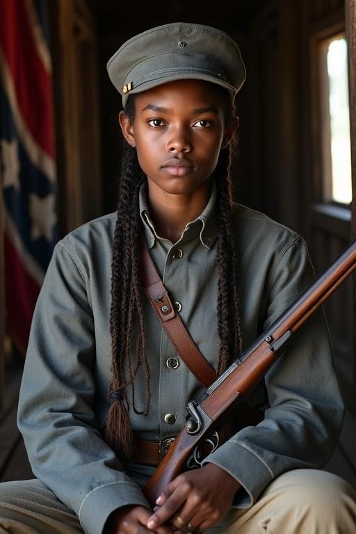 Teen black woman wearing a gray confederate uniform and carrying an Enfield rifle. She sits in a wooden fort in Louisiana. Confederate flag in the background. Long dreadlocks style.
