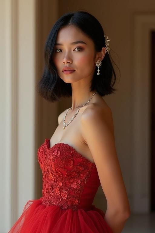 Generate an image of an elegant dress for a wedding guest. Dress is elaborate. Model has long black hair and light green eyes. Hair is styled in a pronounced bob. Makeup is natural with subtle jewelry. Dress features a flowing skirt and is full-length.
