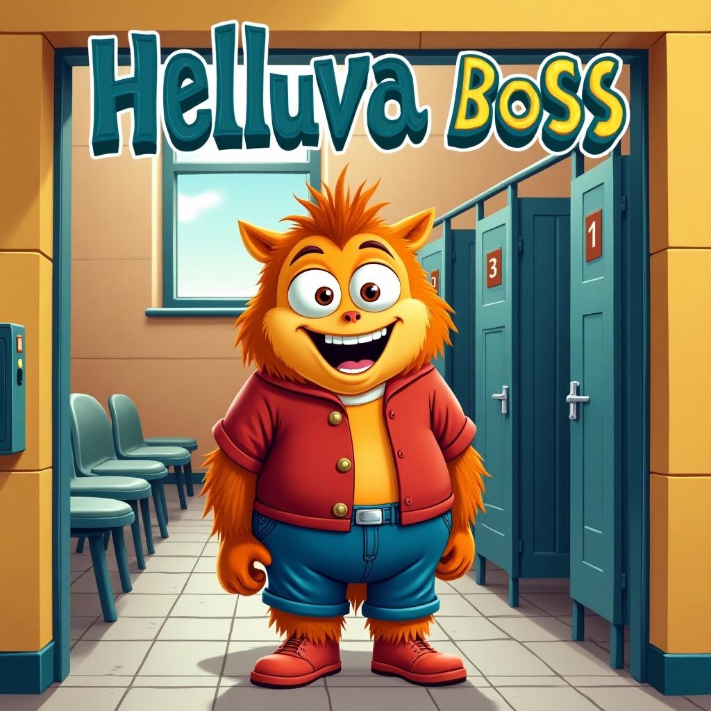 Cartoon character Mox from Helluva Boss stands outside public restrooms. Bright colors are used. The setting looks like a school. Mox has a cheerful expression. There are lockers in the background.