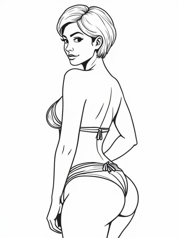Vector illustration of a mature woman in a bikini. She has short hair and curvy wide hips. The image is in black and white with outlines. The side view showcases her toned body. It is in high definition and artistic style.