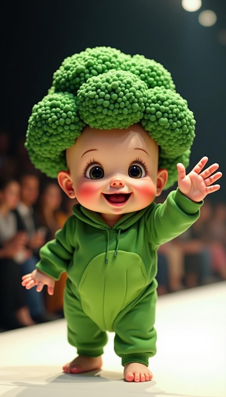 This is a digital artwork showcasing an adorable chubby baby dressed in a broccoli-themed costume. The costume features a headpiece that closely resembles broccoli florets, adding a whimsical touch. The baby stands confidently on a fashion catwalk, joyfully waving at the audience. With rosy cheeks and a big smile, the baby draws everyone's attention. The background reveals a soft-focus crowd, enhancing the fashion show atmosphere. The vibrant colors and realistic textures make this artwork exceptionally engaging.