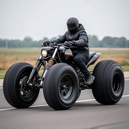 A custom monster trike motorcycle with oversized tires. The motorcycle is being ridden on a highway. It has a sleek black design and features a rider wearing protective gear.