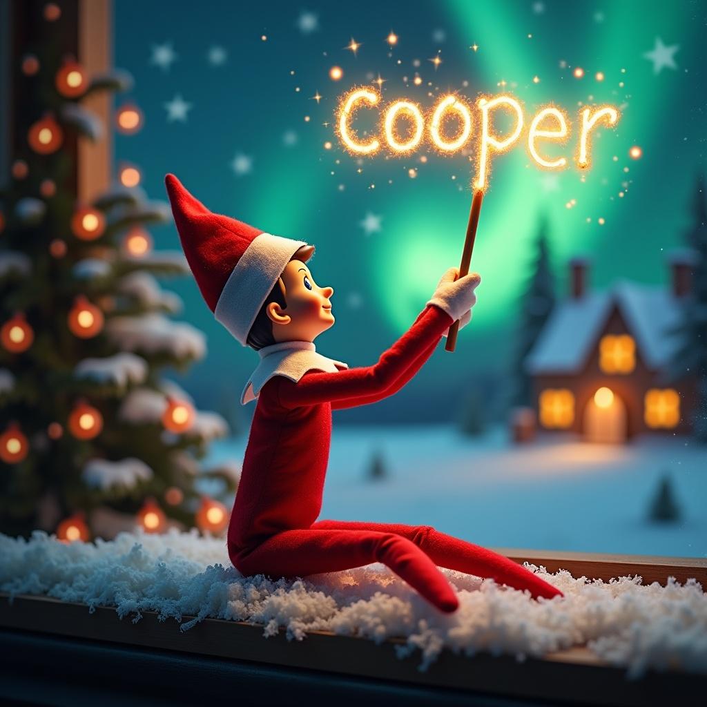 Elf on the shelf sits with back to viewer gazing skyward. Holds glowing wand emitting sparkling light. Background shows a Christmas scene with colorful northern lights. Cozy house decorated for holidays in the distance. Snow covers ground enhancing winter feel. Elf in playful position embodies magic and wonder of Christmas. Name 'cooper' written in air with wand.