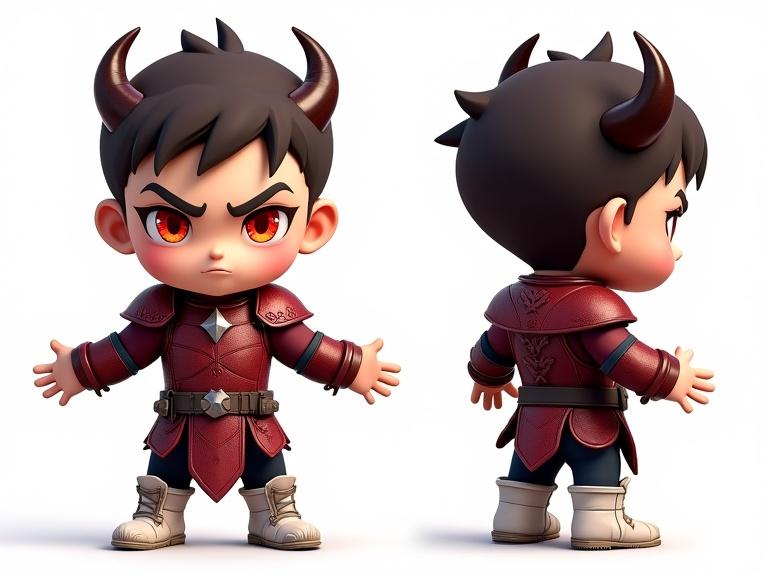 Full-length model sheet of a dark-themed chibi warrior. Character in T-pose with arms outstretched. Short dark brown hair. Serious expression. Wears burgundy red armor with goat horns. Glossy armor with leaf engravings and reflections. White weathered Converse-style boots. Neutral studio lighting. Front view and side profile included.