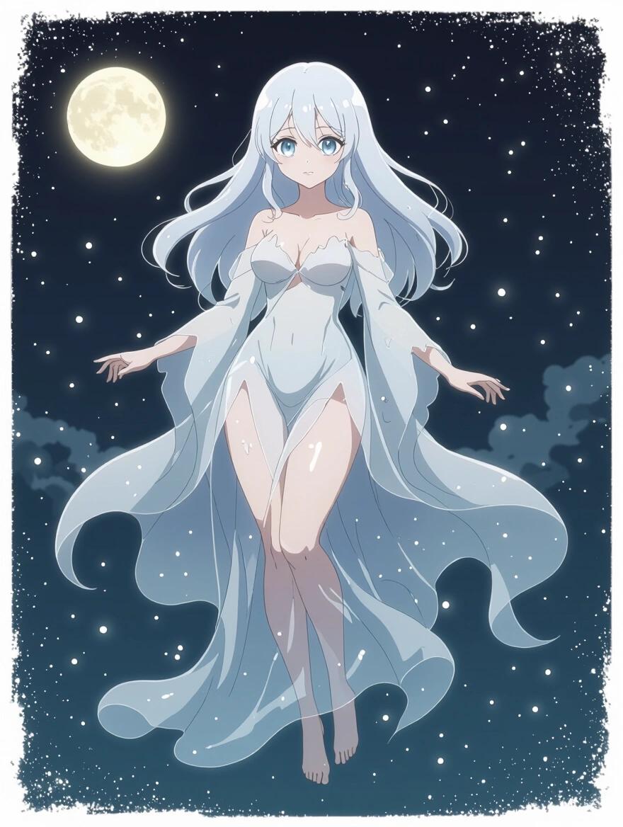 High-resolution illustration of a female ghost character with elegant curves. Character appears semi-transparent and glowing. Long hair floats gently. She wears a translucent gown that flows gracefully. Large glowing eyes show a calm expression. Background is transparent or dark. Create a dreamy atmosphere with floating particles.