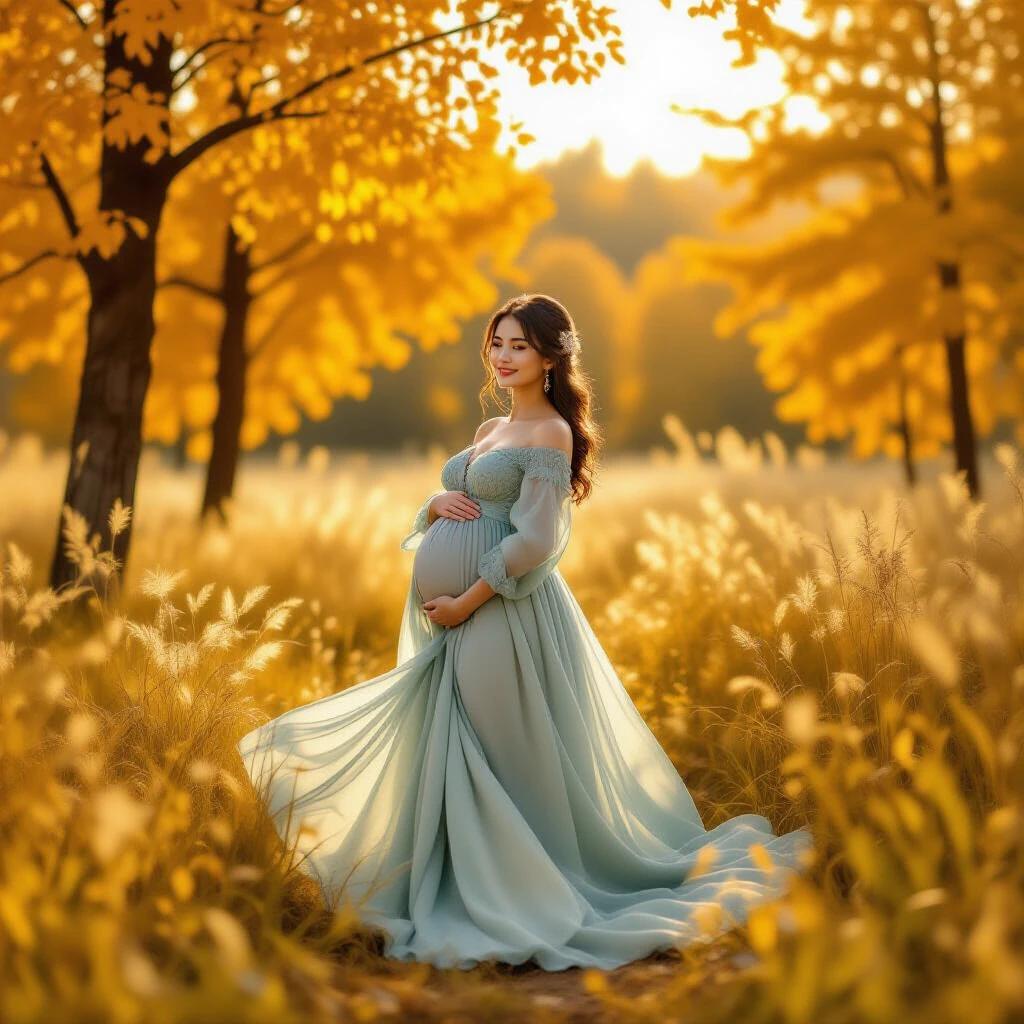 A warm and soft atmosphere with a pregnant woman in an elegant pose under autumn sunlight. Background features golden trees and grass with sunlight filtering through. Woman wears a blue-green long dress with lace details. Hands gently support her belly, showcasing nurturing and anticipation. Overall image conveys tranquility, happiness, and the beauty of new life.