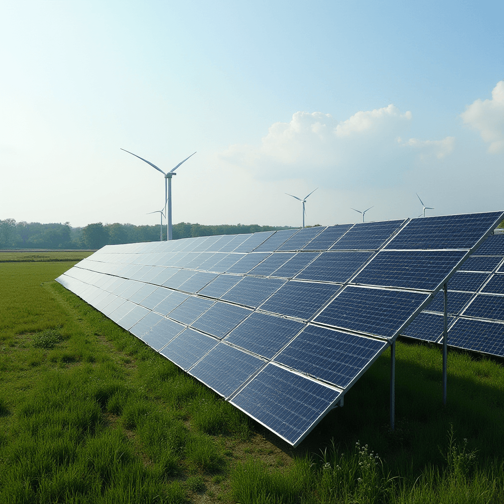 An array of solar panels and wind turbines in a green field under a clear blue sky.