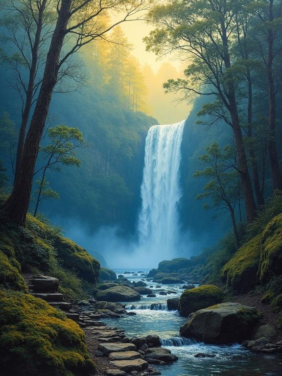 A tranquil forest path meanders around rocks and trees in a vibrant fall setting. The path guides the viewer to a powerful waterfall that flows into a stream. A background filled with mist enhances a mystical forest ambiance. The lighting captures a serene end-of-day atmosphere with a blue fog suggesting depth and mystery. The style echoes classic oil paintings by masters.