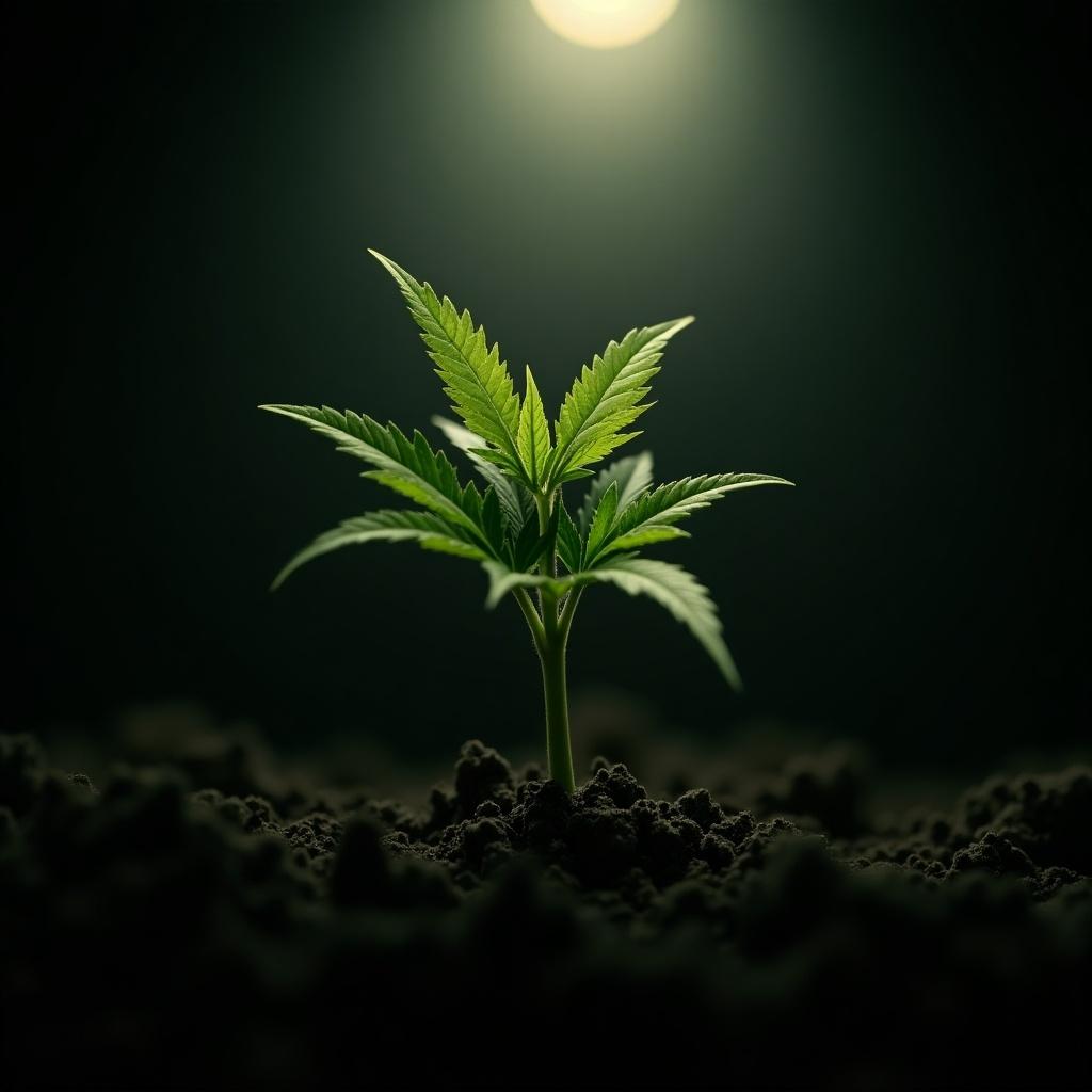 A small cannabis plant thriving in a dimly lit environment.