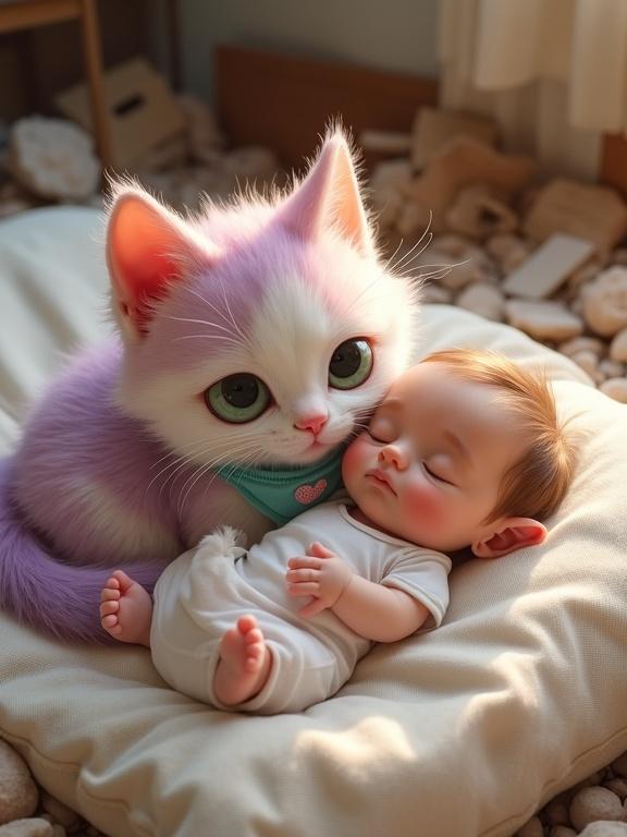 A fluffy anthropomorphic kitten with pastel pink and lavender fur rests beside a six-month-old baby on a soft mattress. The kitten has large expressive green eyes and a light blue bandana. Scattered debris around them enhances the gentle atmosphere. Warm light casts a protective glow over the scene.
