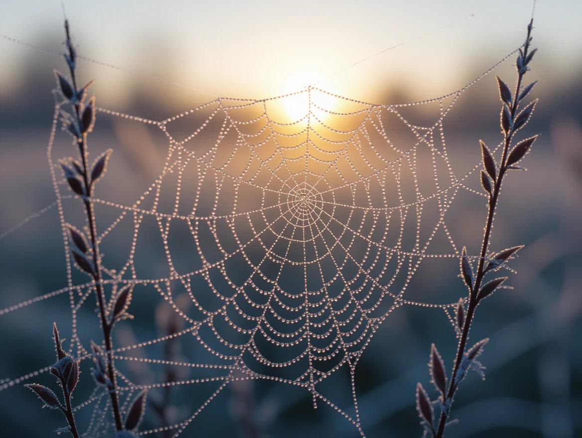 Photorealistic rendering of a dew-covered spider web at dawn. The spider web showcases intricate patterns and is adorned with tiny dew droplets reflecting the sunlight. The backdrop features a blurred landscape illuminated by the soft morning light.