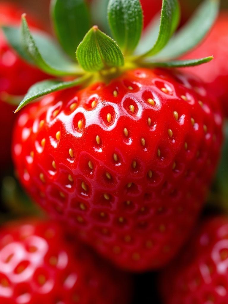 A vibrant close-up of a ripe strawberry showcases a glossy red surface with tiny seeds. Fruit appears fresh and healthy with lush green leaves. Texture of the skin is emphasized with visible imperfections. This image evokes summer and sweetness, inviting viewers to imagine the taste and aroma.