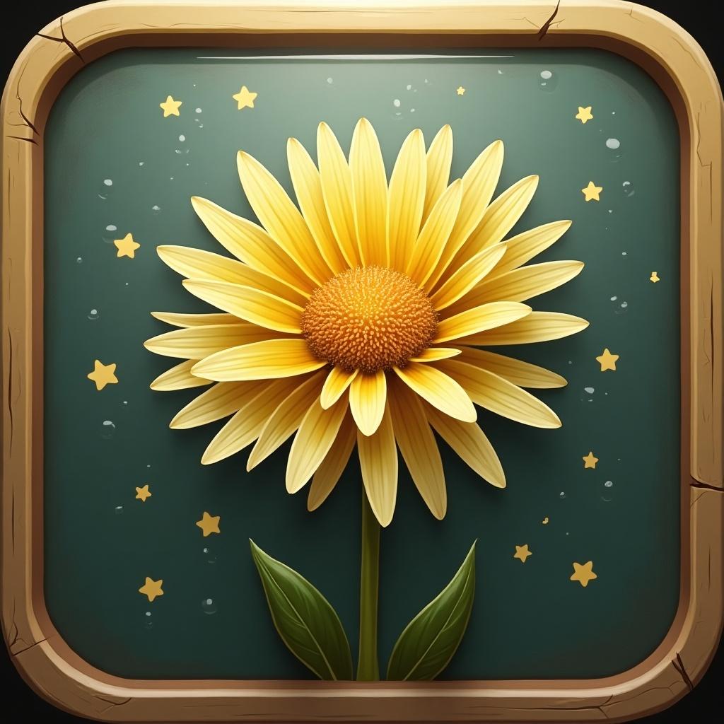 This image features a glossy app icon with a stunning dandelion as the main subject. The dandelion has bright yellow petals that radiate from a golden center. The background is a deep green, giving a natural vibe. Surrounding the flower are small, subtle stars, adding a whimsical touch to the design. The icon has a wooden frame that enhances its organic feel, making it visually appealing for mobile applications. This design would be well-suited for nature-focused apps or any product related to gardening or environmental themes.