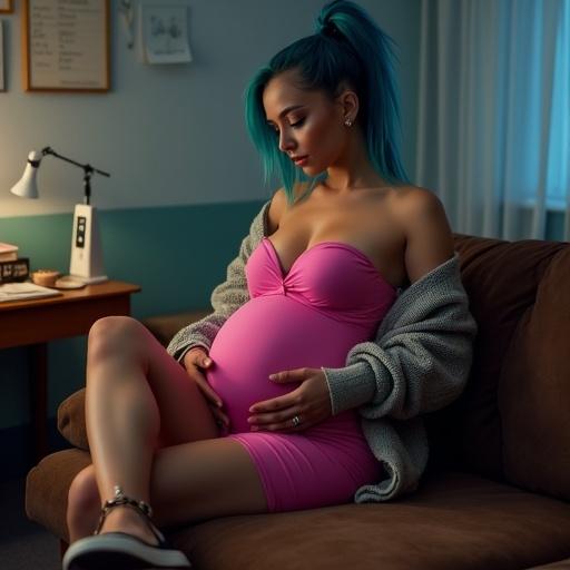 Maternity photo in a cozy, softly lit environment. Pregnant woman wearing a strapless pink dress and lace sweater. Sitting on a couch with feet up. Holding her large baby bump. Blue ponytail and goth aesthetic elements present.