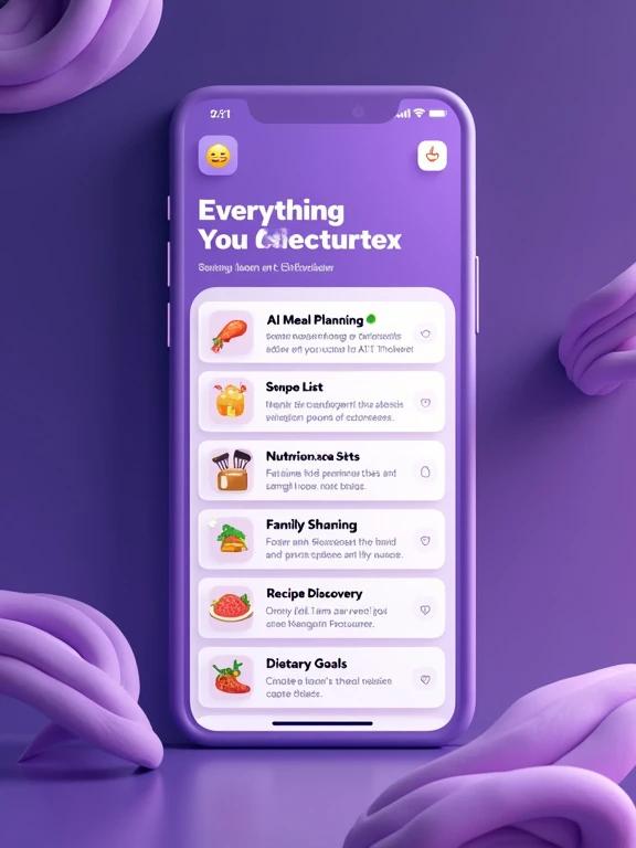 Feature overview screenshot for ChefBruno in YAZIO style with purple gradient background and flowing organic shapes. Phone displaying feature list with cute food and cooking icons. Each feature has an icon and a brief description. Large white text at the bottom says Everything You Need. Smaller white text says All-in-One Solution. Clean organized list design. Minimum resolution of 1080 pixels with 9:16 ratio.