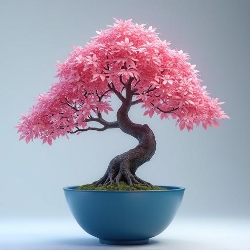 A bonsai plant with pink leaves in a blue pot. 3D rendering, high quality, realistic style.