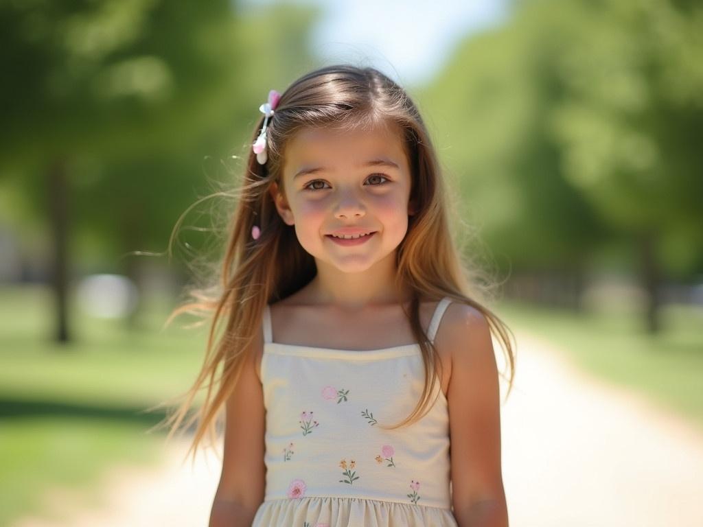 The image shows a young girl standing outdoors on a sunny day. She has long, wavy hair and is wearing a light-colored, sleeveless dress. The dress has a simple floral design and is fitting for a warm day. In her hair, she has decorative clips, adding a playful touch to her look. The background features a blurred landscape of green trees and a distant path, creating a serene atmosphere.