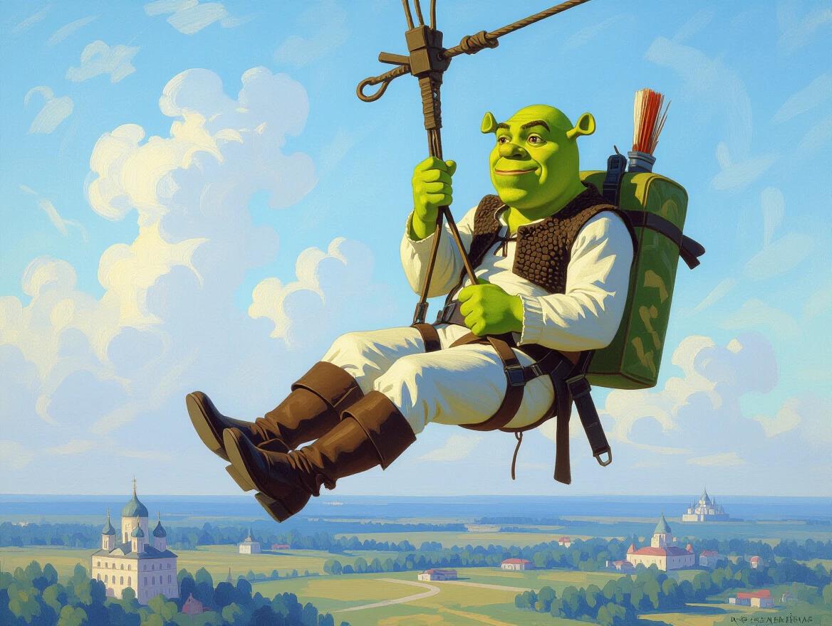 A vibrant oil painting depicts Shrek in a black suit. Shrek is hanging from a rope floating over a vast landscape. The background shows green forests and a serene sky. The style is reminiscent of classical oil paintings with rich pigments.