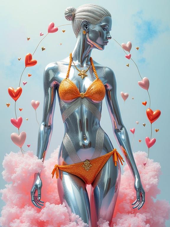 A sleek metallic woman stands confidently. Body crafted in blue, white, orange, gold, and silver tones. Gold elements have a warm finish. Silver adds shimmering sheen. Tiny silver, orange, pink, and gold hearts surround the figure. Background blends pastel colors including pale blue, soft pink, and lilac. Evokes love and joy themes. Inspired by Fantia artistic style.