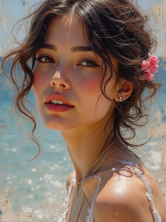 Close-up portrait of a woman with soft features. She has tousled hair with a flower accessory. Warm skin tones complement the cool blue of the ocean in the background. The image has a textured appearance with an impressionistic feel.