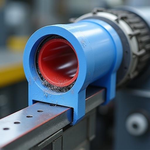 High resolution image of an industrial seal in cross-section mounted on a metal shaft. The seal shows distinct layers including a red elastomer inner part a metal tension spring and a blue outer casing. In the background a blurred body of rotating machinery emphasizes the industrial context.