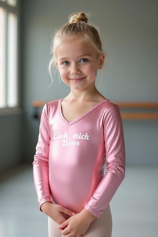 Realistic photo of a young girl with blonde hair tied back in a ponytail. She stands in a ballet school wearing a shiny pink long-sleeve gymnastics leotard with 'Eiok mich, Björn' printed on it. Posed in ballet slippers with bright blue eyes.