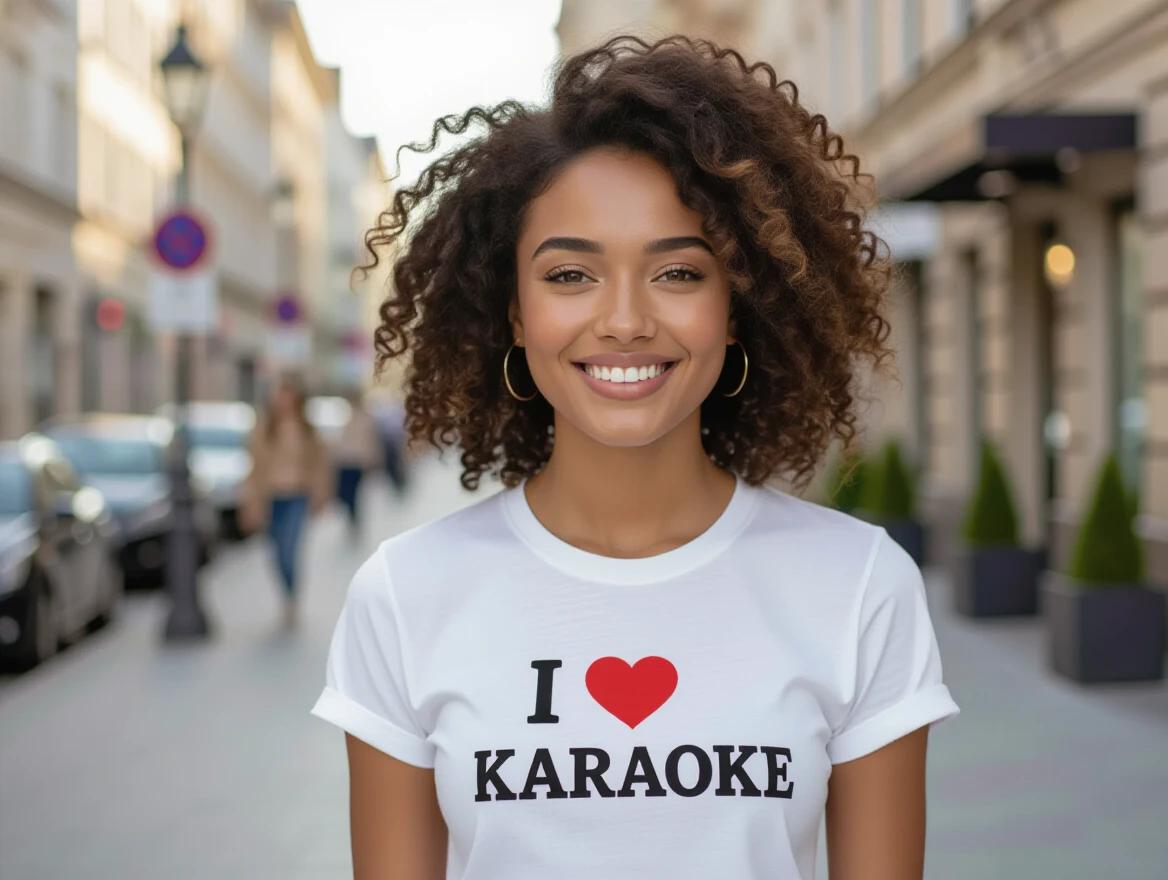A woman stands in a vibrant urban street. She wears a white t-shirt with the words 'I ❤️ Karaoke' on it. Her hair is curly and light brown. The scene is bright and cheerful. She appears kind and approachable. She exudes warmth.