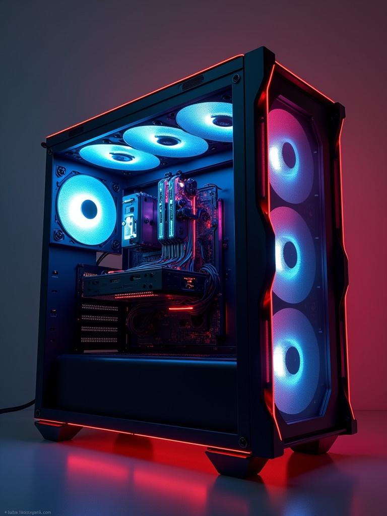 Image of a modern gaming PC with RGB lighting and a transparent case. The PC features multiple cooling fans with blue and red lights. The components inside are illuminated, showcasing an advanced graphics card and motherboard layout. The overall aesthetic appears dynamic and futuristic.