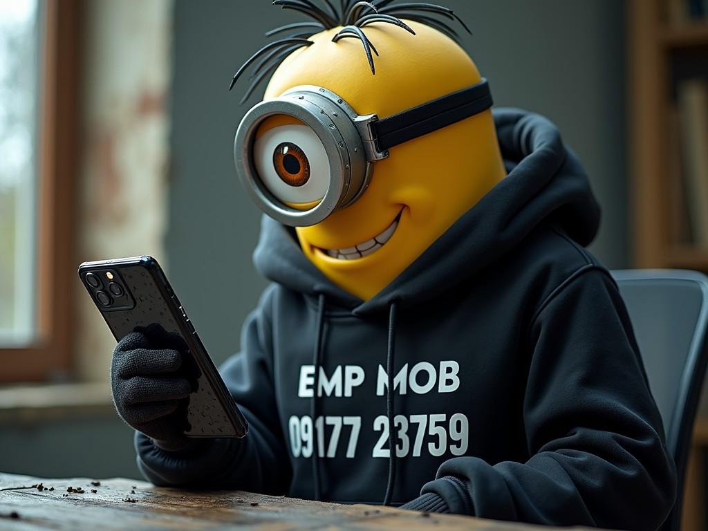 A fictional yellow minion character wearing a black hoodie with the text 'EMP MOB 09177 23759'. The character is interacting with a smartphone, exuding a sense of curiosity and amusement. The background is a cozy indoor setting with soft lighting, complementing the playful and modern theme of the image.