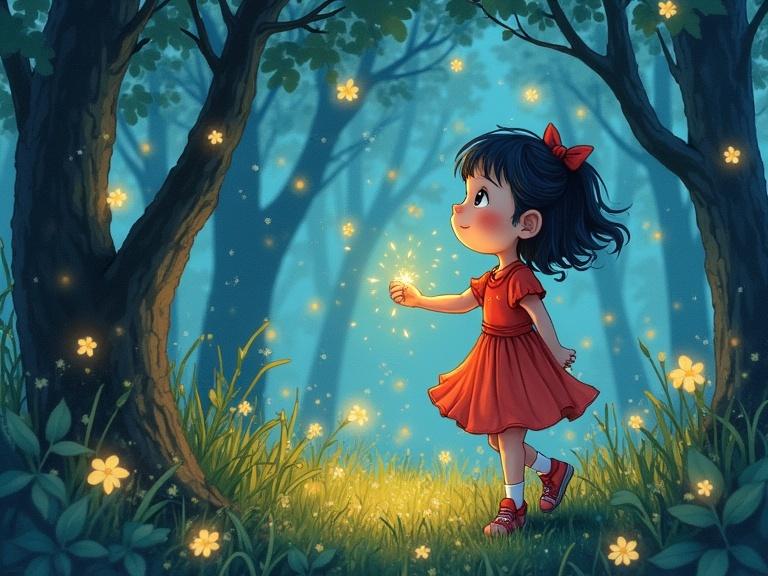 Stylish vibrant watercolor painting featuring a beautiful girl in a forest captivated by fireflies
