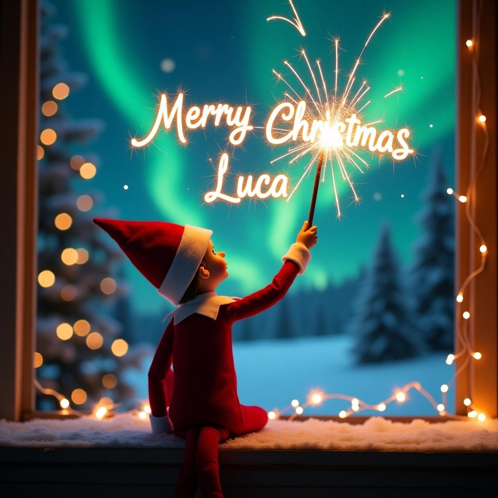 Enchanting Christmas scene with an elf on the shelf. Elf dressed in red and white. Wields magic wand writing 'Merry Christmas Luca' in sparkler script. Vibrant northern lights in backdrop. Festive, whimsical holiday spirit portrayed. Sense of wonder and excitement captured.