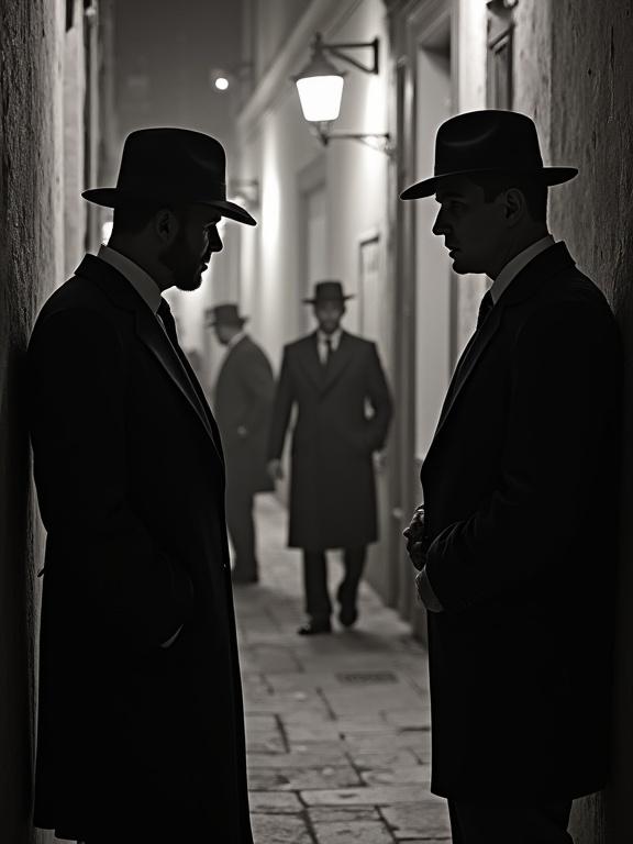 Men in an alley with cinematic feel. A private detective and a villain facing each other. Shadowy background figures add mystery.