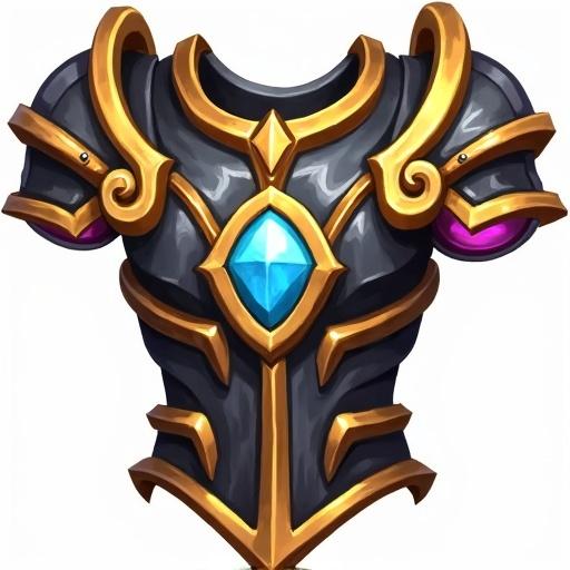 Icon of a legendary breastplate featuring gold and black with blue pink and gray accents for a card game. Designed in the style of World of Warcraft. Size 48 x 48 pixels with a transparent background.
