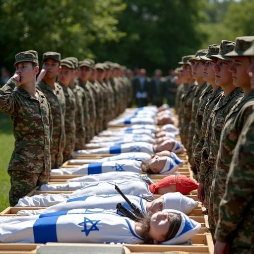 Bodies of 14 Israeli children lie in caskets. Soldiers are performing a rifle salute in a green landscape. Some caskets are closed and some are open. Officers are present with arms. Emotionally charged scene reflecting loss.